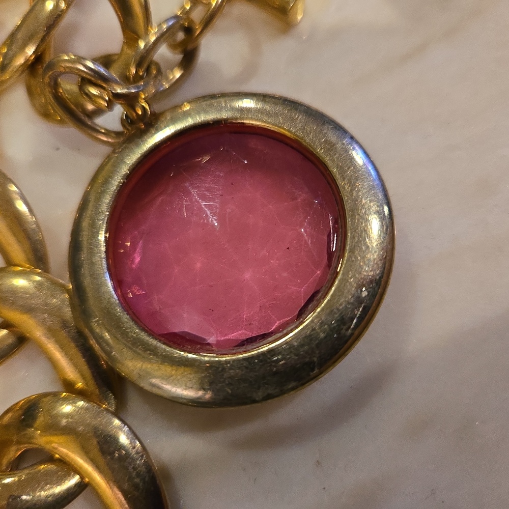 Chunky Gold Tone 7 Link Faux Pink Gem Bracelet 7 3/4" - Picture 9 of 9